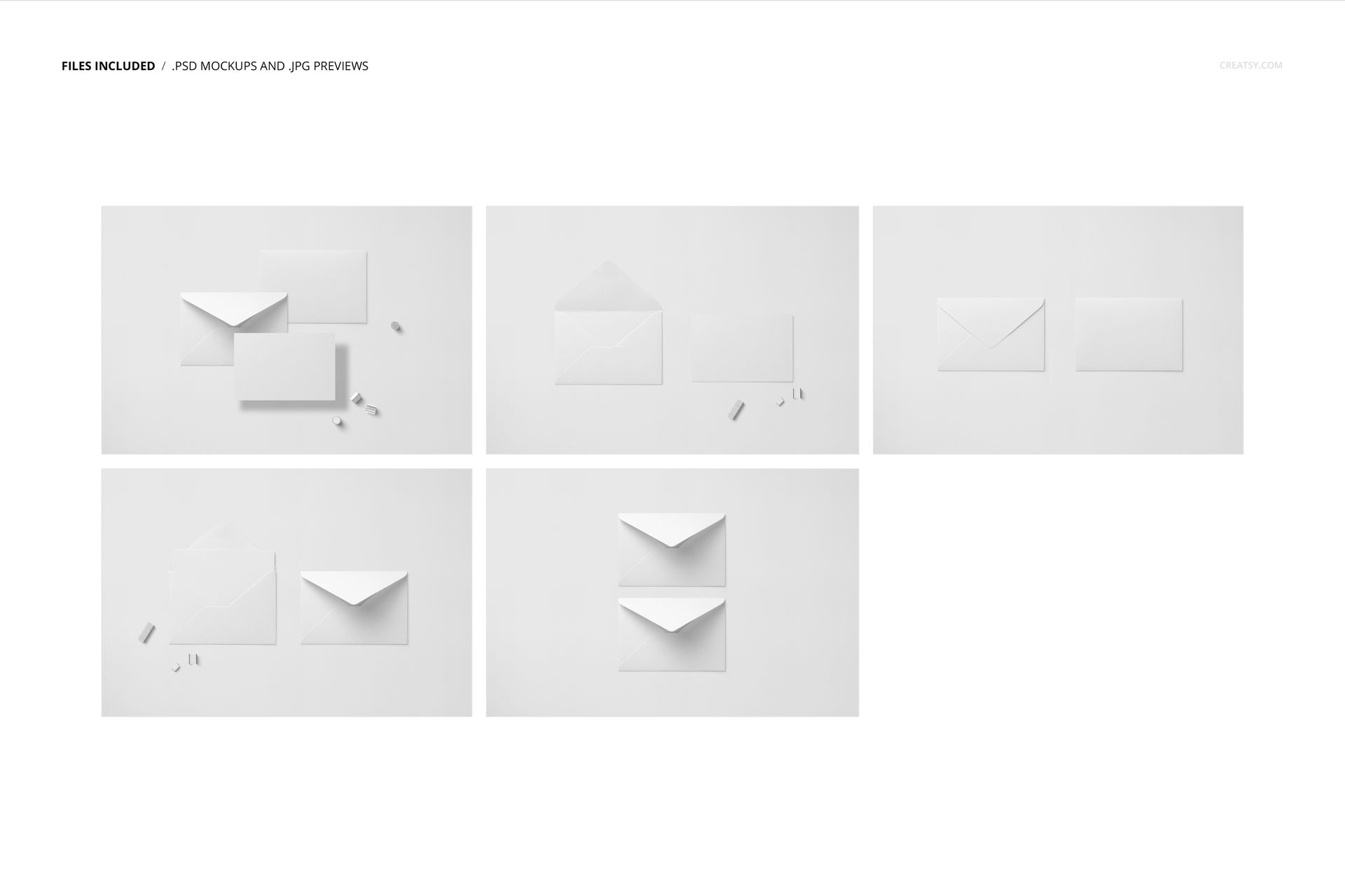 Small envelope and card mockup set featuring five stationery arrangements on a white background, top view.