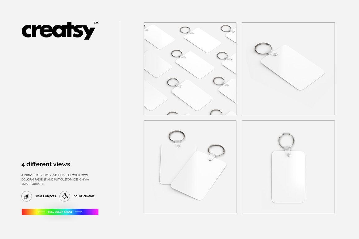 Rectangular keychains with metal rings displayed in various arrangements on a white background, shown in a PSD mockup set.
