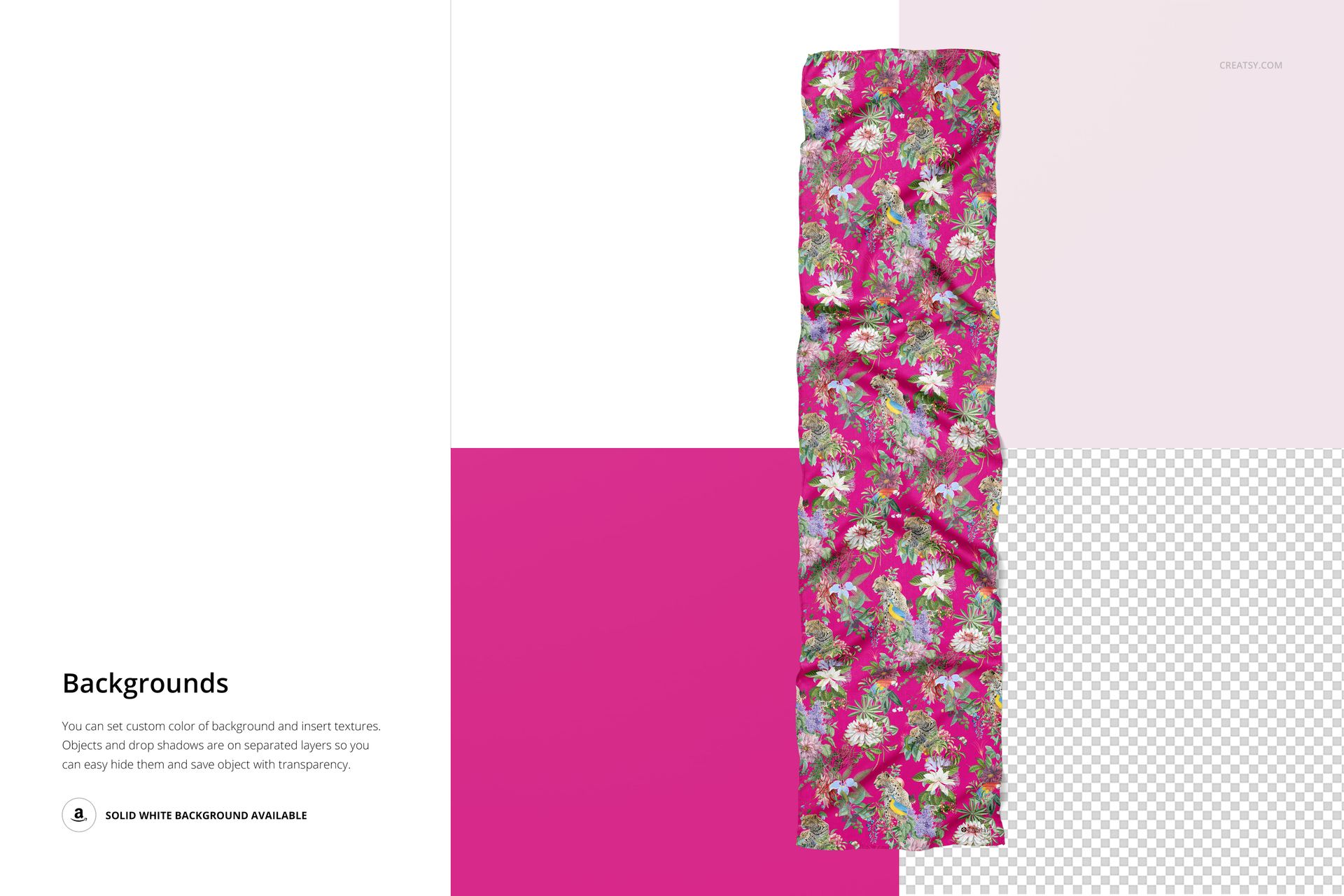 Rectangular silk scarf mockup with vibrant pink floral pattern displayed on a split white and magenta background.
