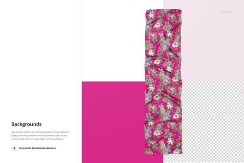 Rectangular silk scarf mockup with vibrant pink floral pattern displayed on a split white and magenta background.