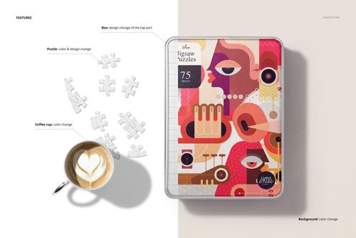 Heart-shaped jigsaw puzzle box mockup with colorful abstract design, shown alongside loose puzzle pieces and a coffee cup.