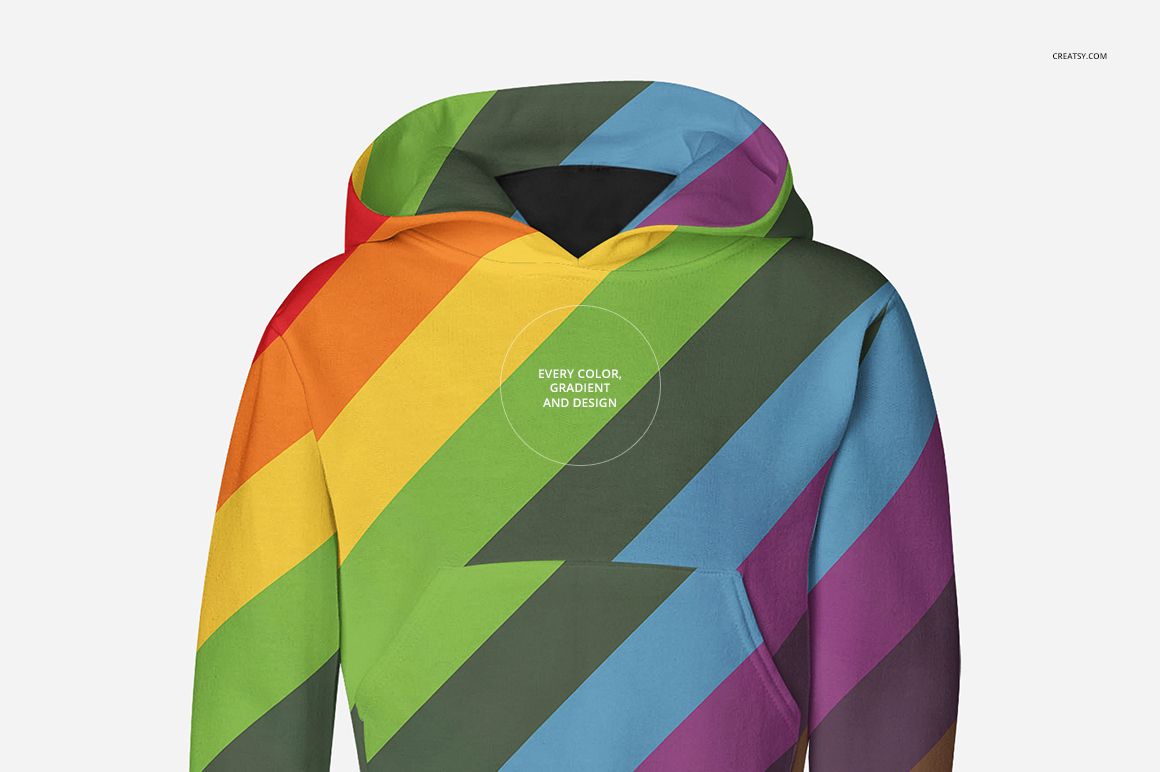 Front view of a kids hoodie mockup featuring diagonal rainbow stripes, displayed against a plain light background.