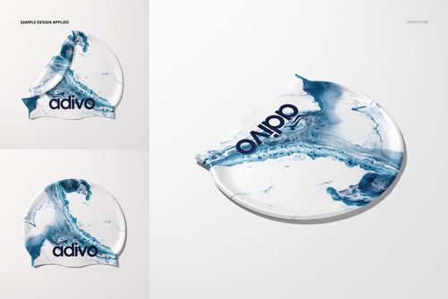 Swim cap mockup featuring a rounded silicone cap with blue and white marbled pattern, shown from top and side views.
