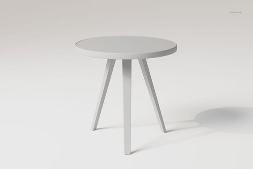Round three legged table in light gray color, shown from a front angle on a plain white background.