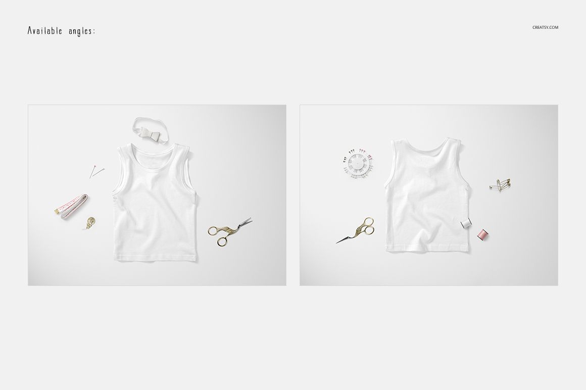 Front and back view of a baby tank top mockup on a white surface, with scissors, thread, and measuring tape nearby.