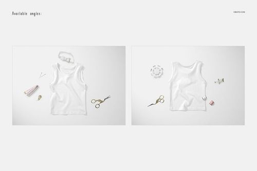 Front and back view of a baby tank top mockup on a white surface, with scissors, thread, and measuring tape nearby.