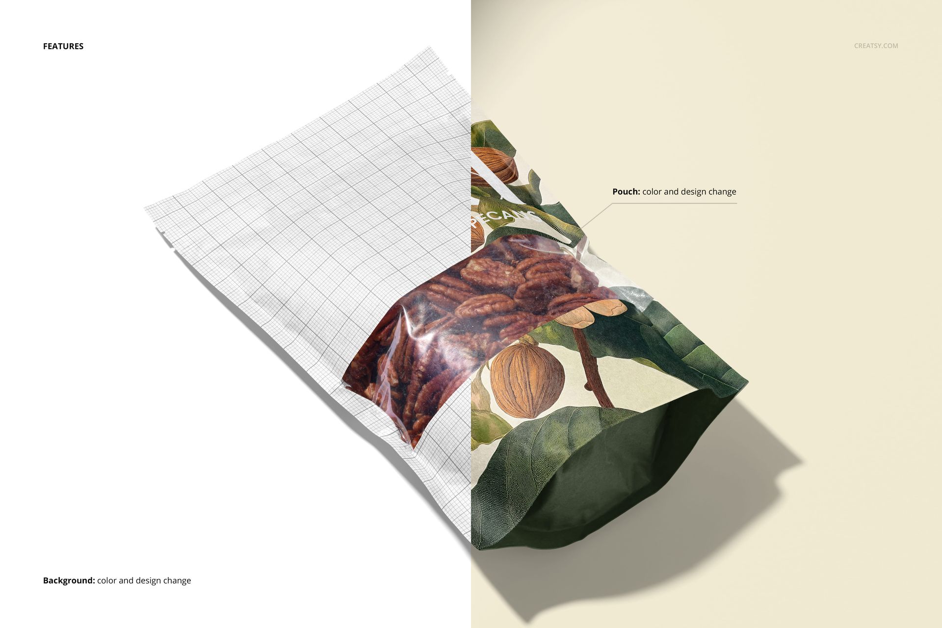 Paper pouch mockup featuring chopped pecans, shown in a half-grid, half-realistic design with a light background.