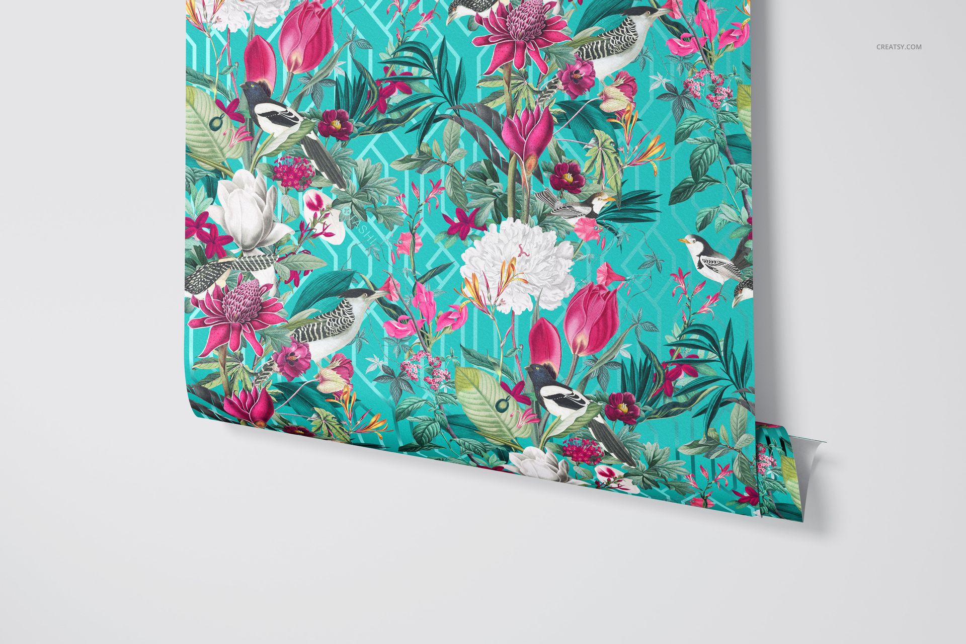 Front view of a paper wallpaper mockup featuring colorful flowers and birds on a teal background, partially unrolled.
