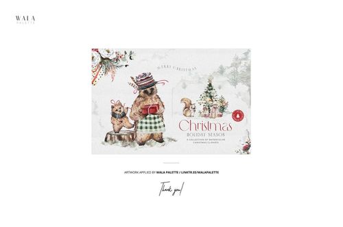 Front view of a 5x7 greeting card mockup featuring a festive woodland animal illustration with Christmas decorations.