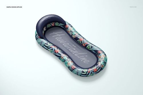 Mockup of an inflatable pool lounger float featuring colorful tropical flowers and text on a navy surface, angled top perspective.