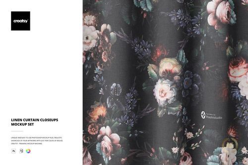 PSD mockup of a linen curtain with realistic shadows and a vivid flower print, emphasizing the material’s surface.