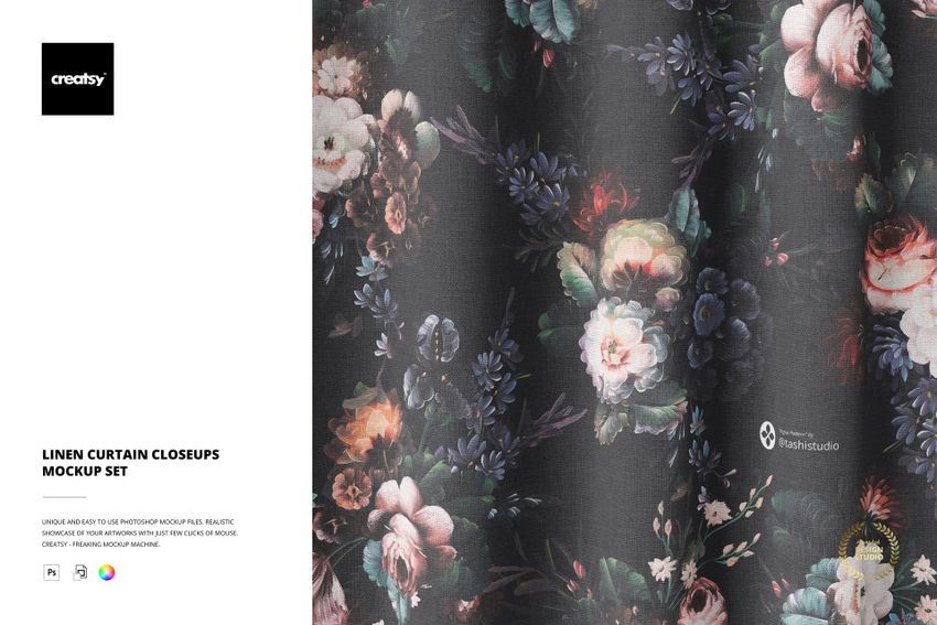 PSD mockup of a linen curtain with realistic shadows and a vivid flower print, emphasizing the material’s surface.