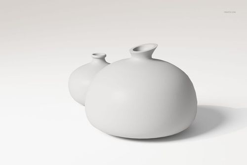 Front view of two round bellied ceramic vases in matte white, placed on a plain light background with soft shadows.