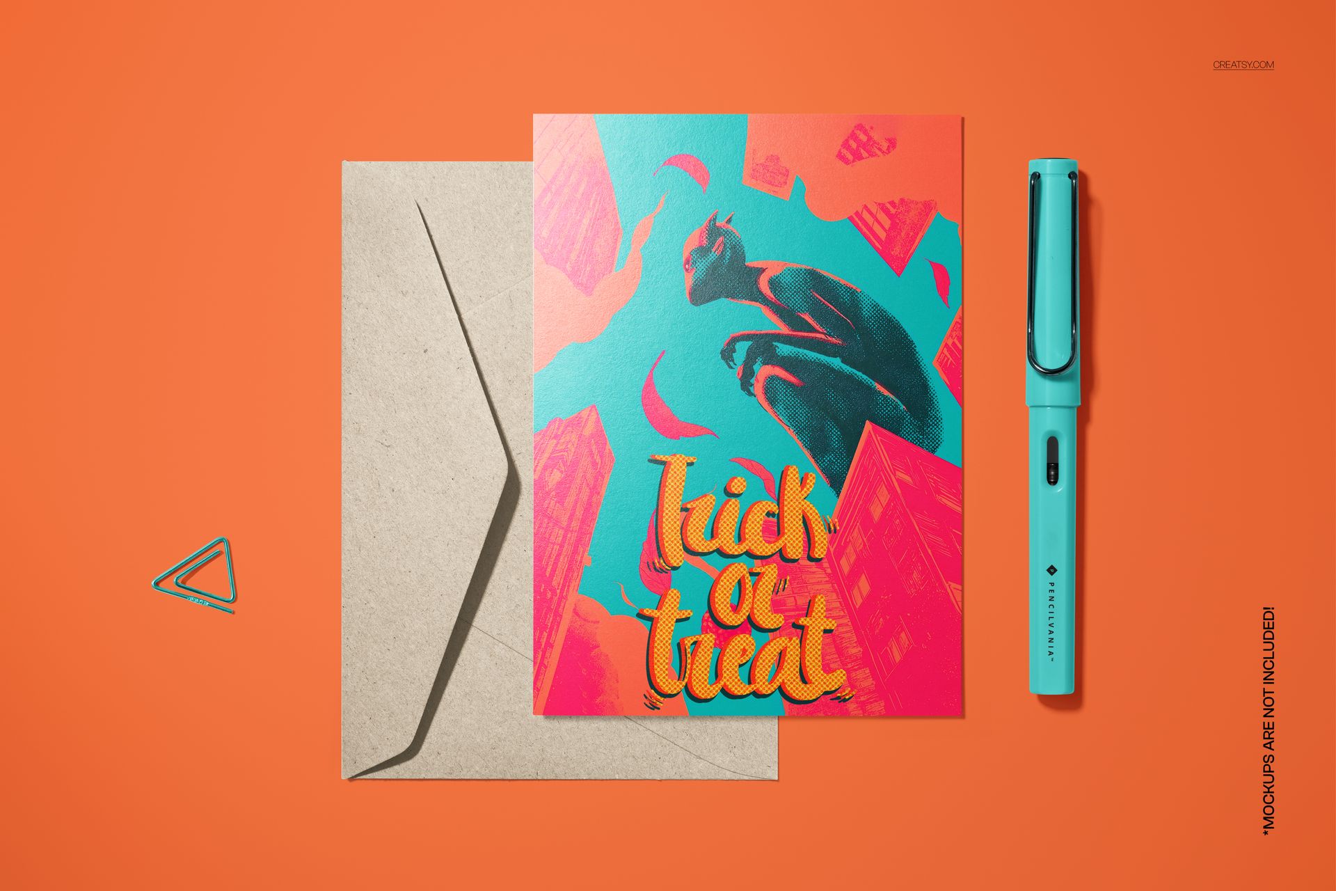 Front view of a Halloween-themed 5x7 card mockup featuring a vintage devil illustration and 'trick or treat' text, with envelope and pen on orange background.