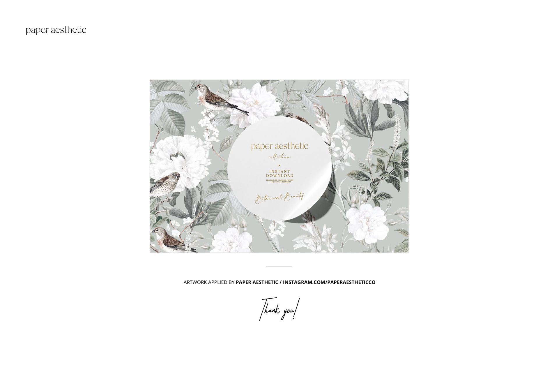 Floral wallpaper mockup featuring white flowers and birds on a light green background, displayed in a circular frame.