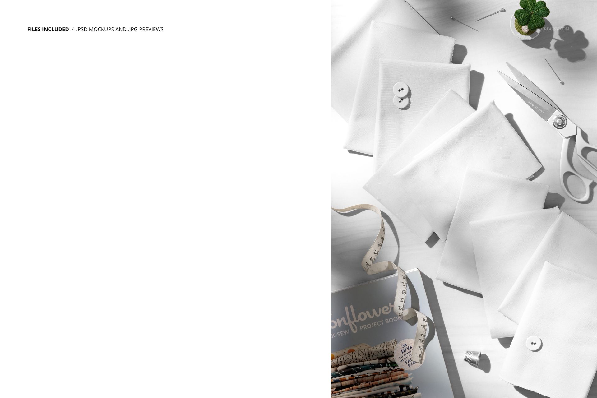 Folded jersey fabric pieces in white arranged on a table with sewing supplies, viewed from above in bright light.