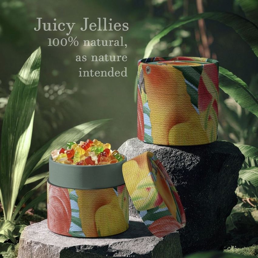 Paper tube packaging mockup featuring colorful fruit-themed designs, filled with assorted jelly candies, set in a lush jungle scene.