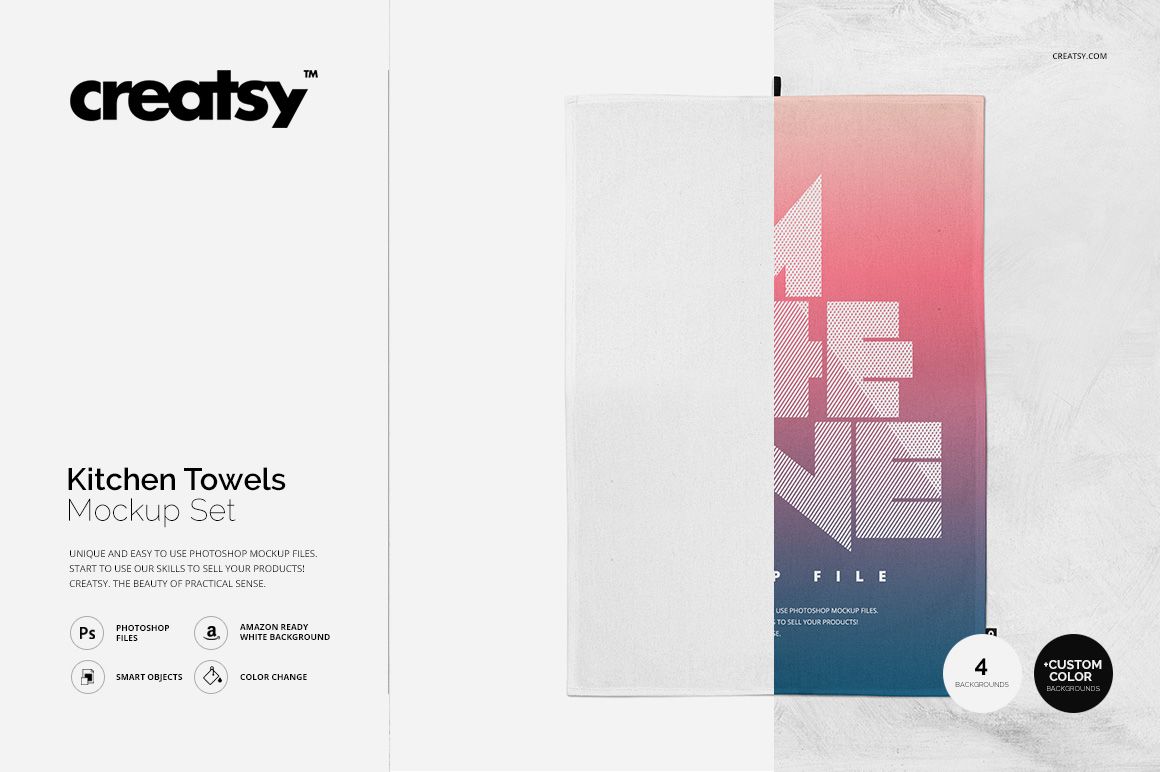 Front view of a kitchen towel mockup with a gradient design in pink and blue tones, set on a white background.