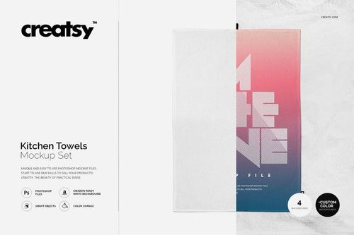 Front view of a kitchen towel mockup with a gradient design in pink and blue tones, set on a white background.