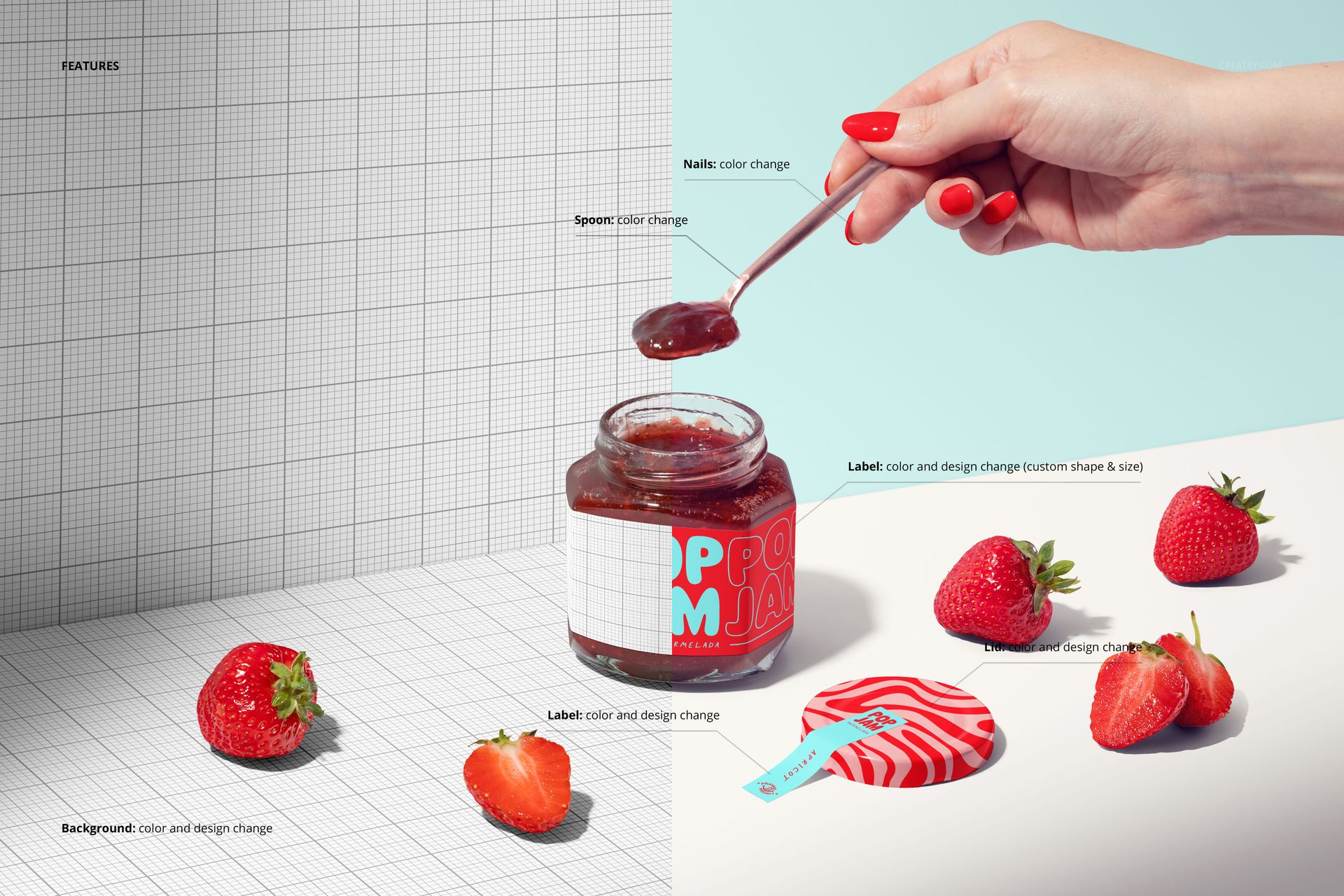 Front view of a strawberry jam jar mockup with a customizable label, surrounded by fresh strawberries and a spoon with jam.