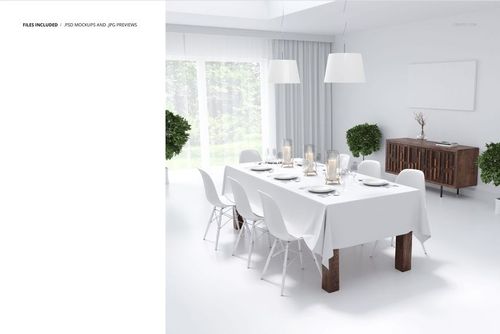 Dining room tablecloth mockup featuring a white rectangular cloth on a wooden table, set with plates and glassware.