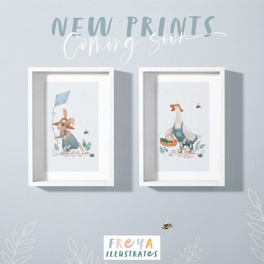 Wooden picture frame mockup featuring two white frames with illustrated animal prints, set against a light gray wall.