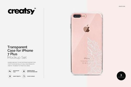 Transparent iPhone 7 Plus case with a delicate white floral pattern on a pink phone, shown from the back in a PSD mockup.