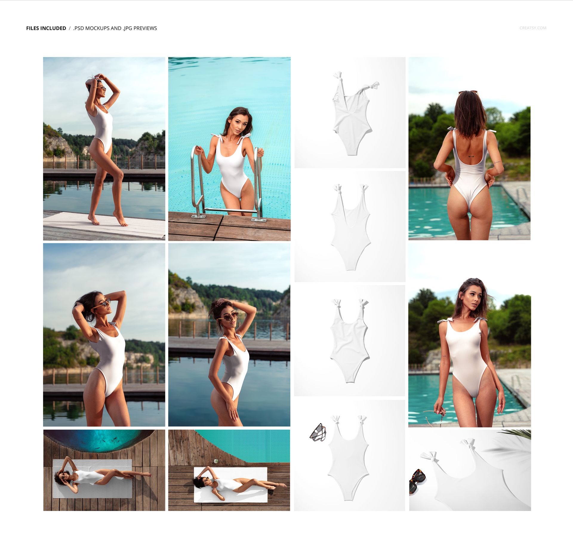 One-piece swimsuit mockup set featuring a white swimsuit on a model by a pool and studio flat lays with summer props.