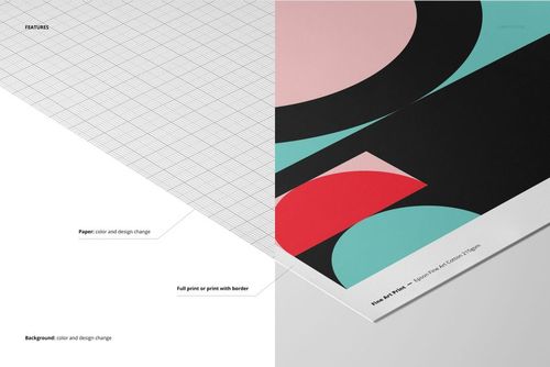 A3 fine art print mockup featuring geometric shapes in black, pink, red, and teal on a white border, shown close-up.