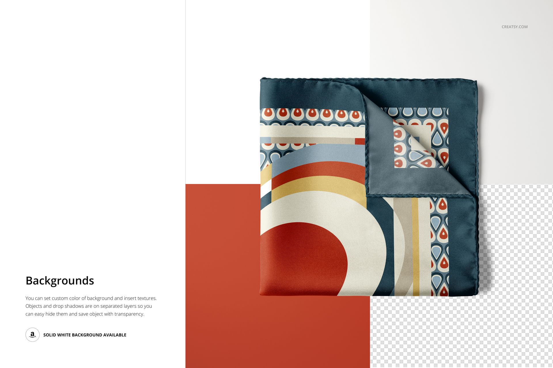 Square pocket square with geometric and circular patterns in red, cream, and blue, displayed in a top view mockup.
