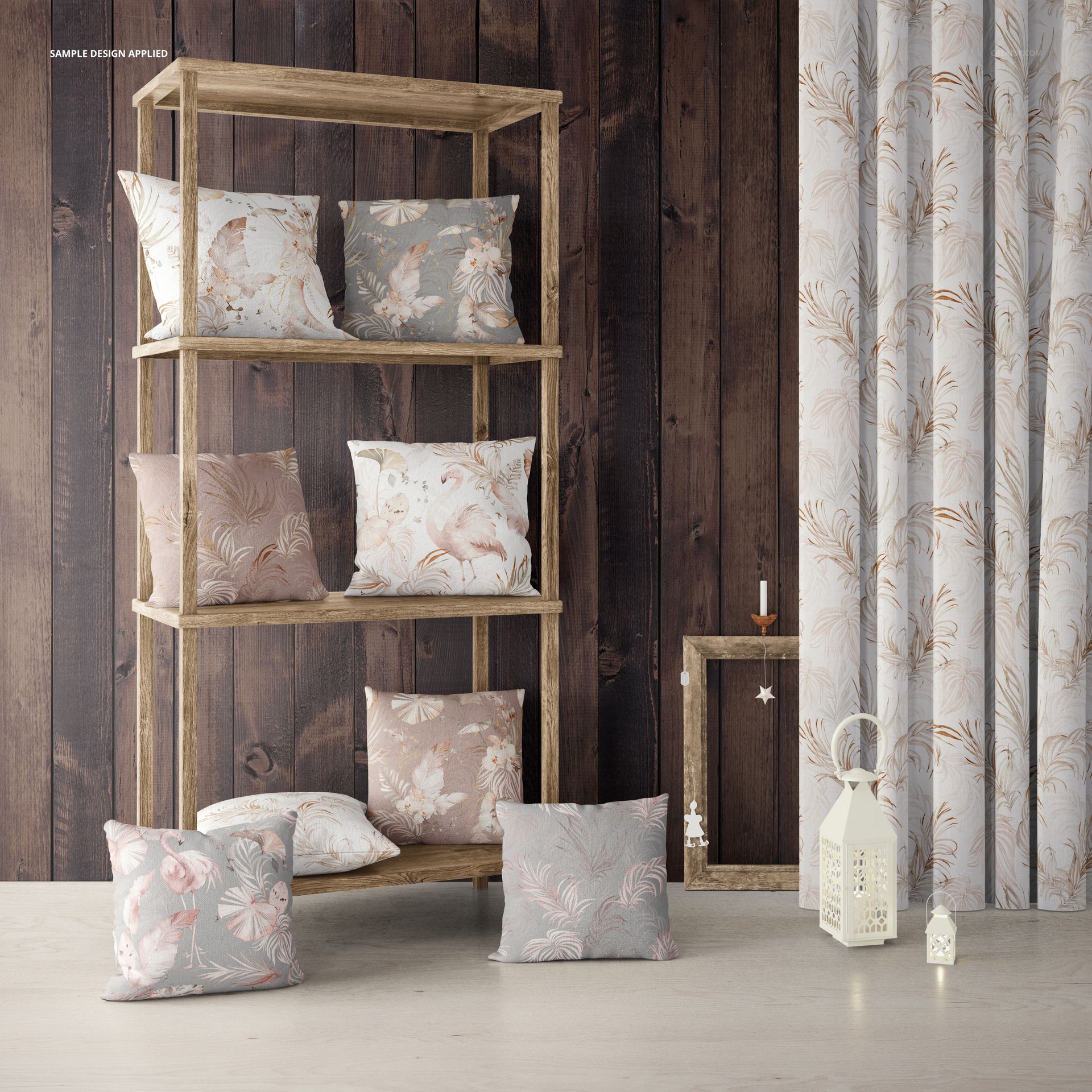 Boho style pillow mockup with soft pastel patterns on a wooden shelf, set against a dark wood wall and curtain.