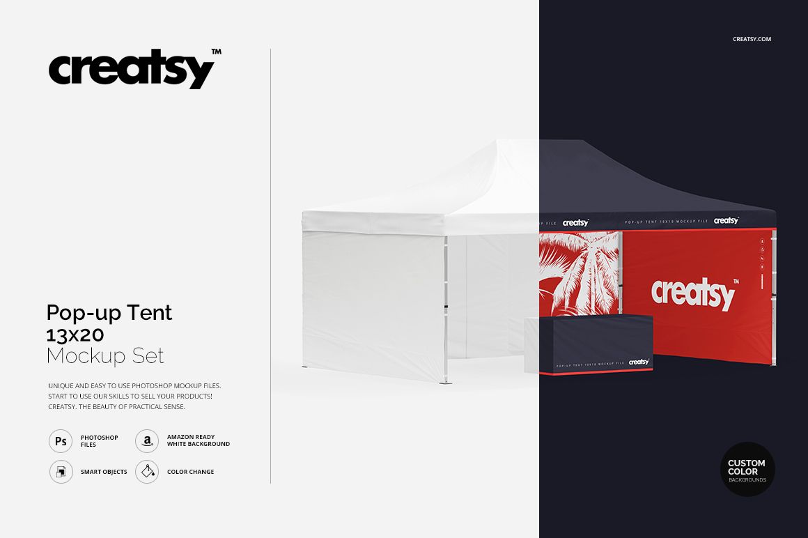 Pop-up tent mockup with white and dark blue panels, red side wall featuring palm leaf design, front angle view.