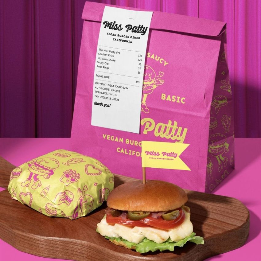 Vegan burger bar packaging mockup featuring a pink paper bag with yellow graphics, wrapped burger, and burger on a wooden board.