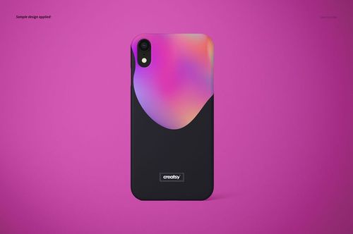 Matte iPhone XR snap case mockup with a vibrant abstract design in pink, purple, and orange on a black base.