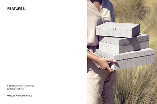 PSD mockup showing three rectangular boxes with a grid design, held by a person in a natural outdoor environment.