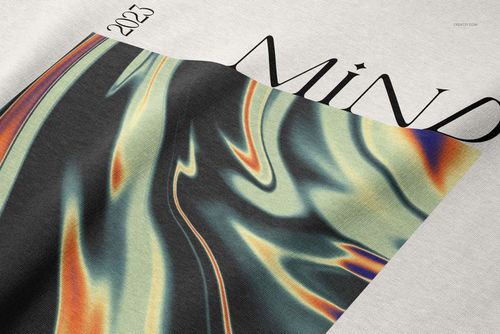 Close-up of an oversized hoodie mockup featuring a large abstract swirl pattern and partial text on light fabric.