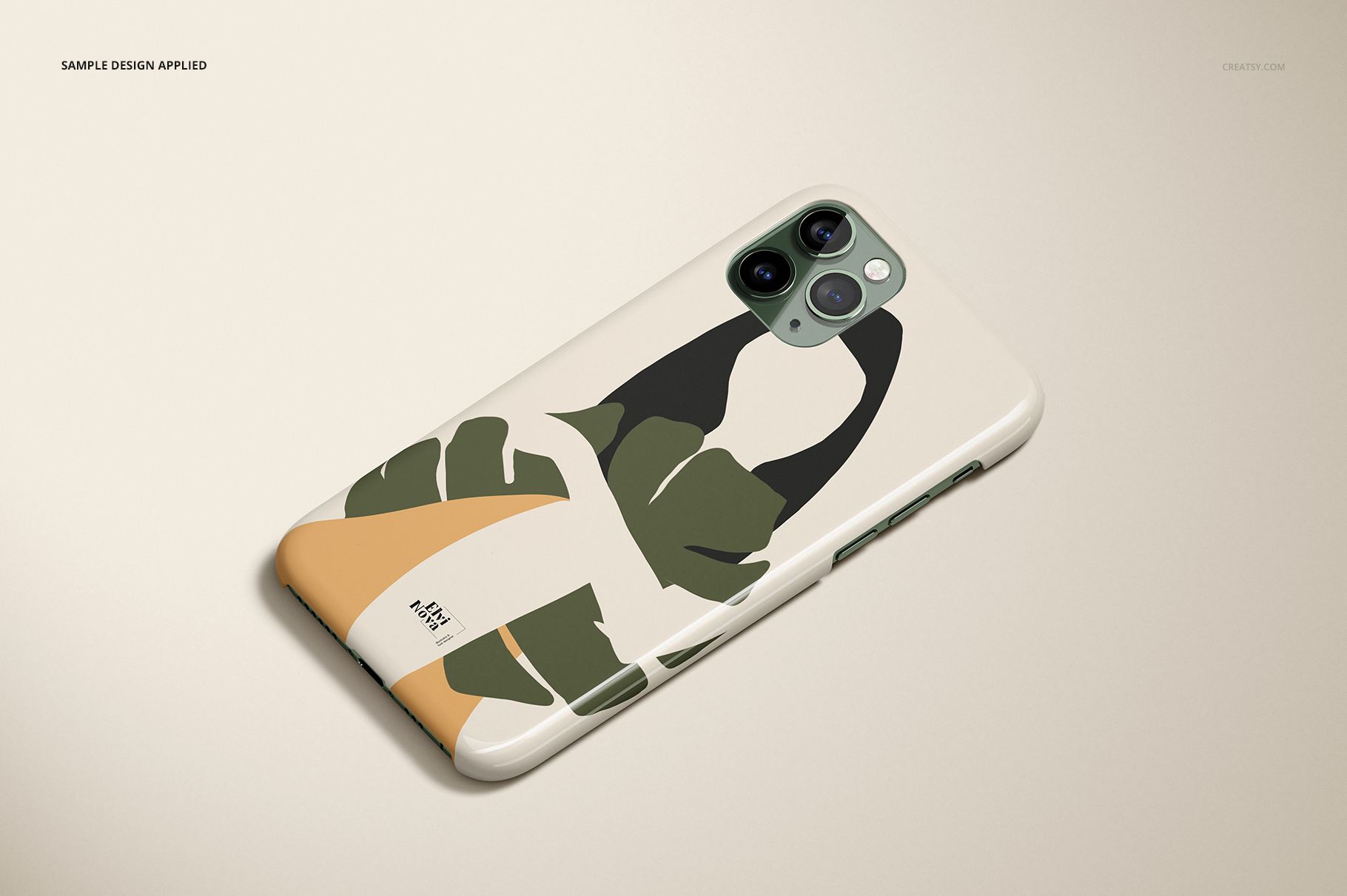 iPhone 11 Pro glossy snap case mockup featuring a minimalist leaf pattern in green, beige, and black tones.