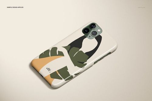 iPhone 11 Pro glossy snap case mockup featuring a minimalist leaf pattern in green, beige, and black tones.