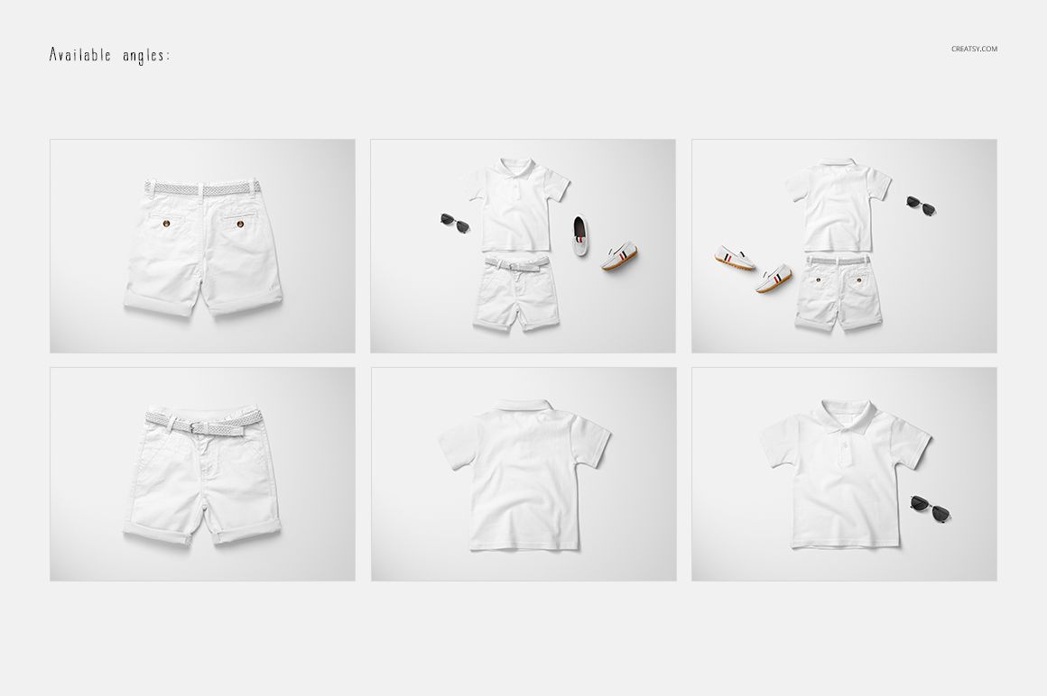 Kids polo set mockup featuring a white short-sleeve polo shirt and shorts displayed from multiple angles on a light background.