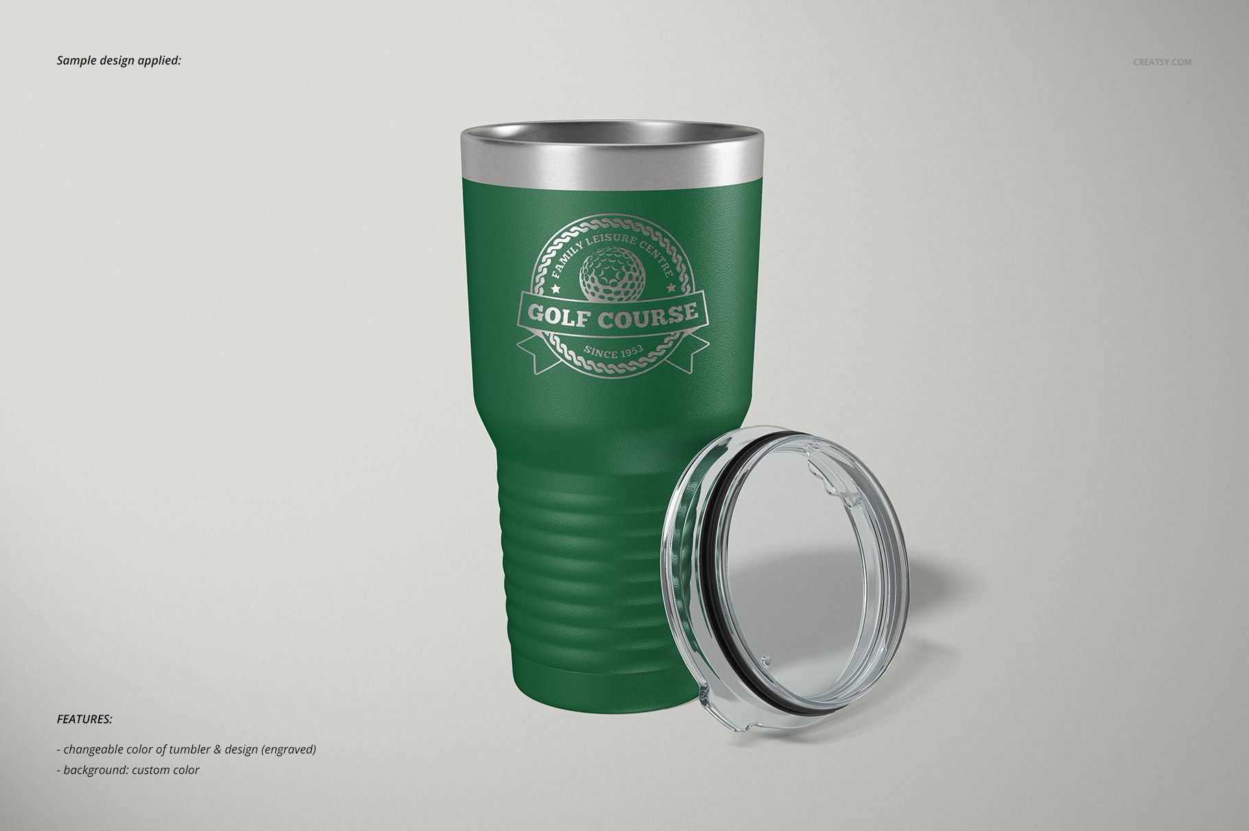 PSD mockup of a 30oz ringneck tumbler in green with a printed emblem, silver top, and clear lid on a plain surface.