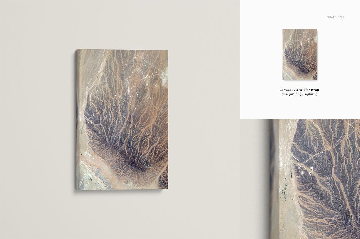 Front view of a rectangular canvas print mockup with an abstract earth-toned pattern, displayed on a light wall.