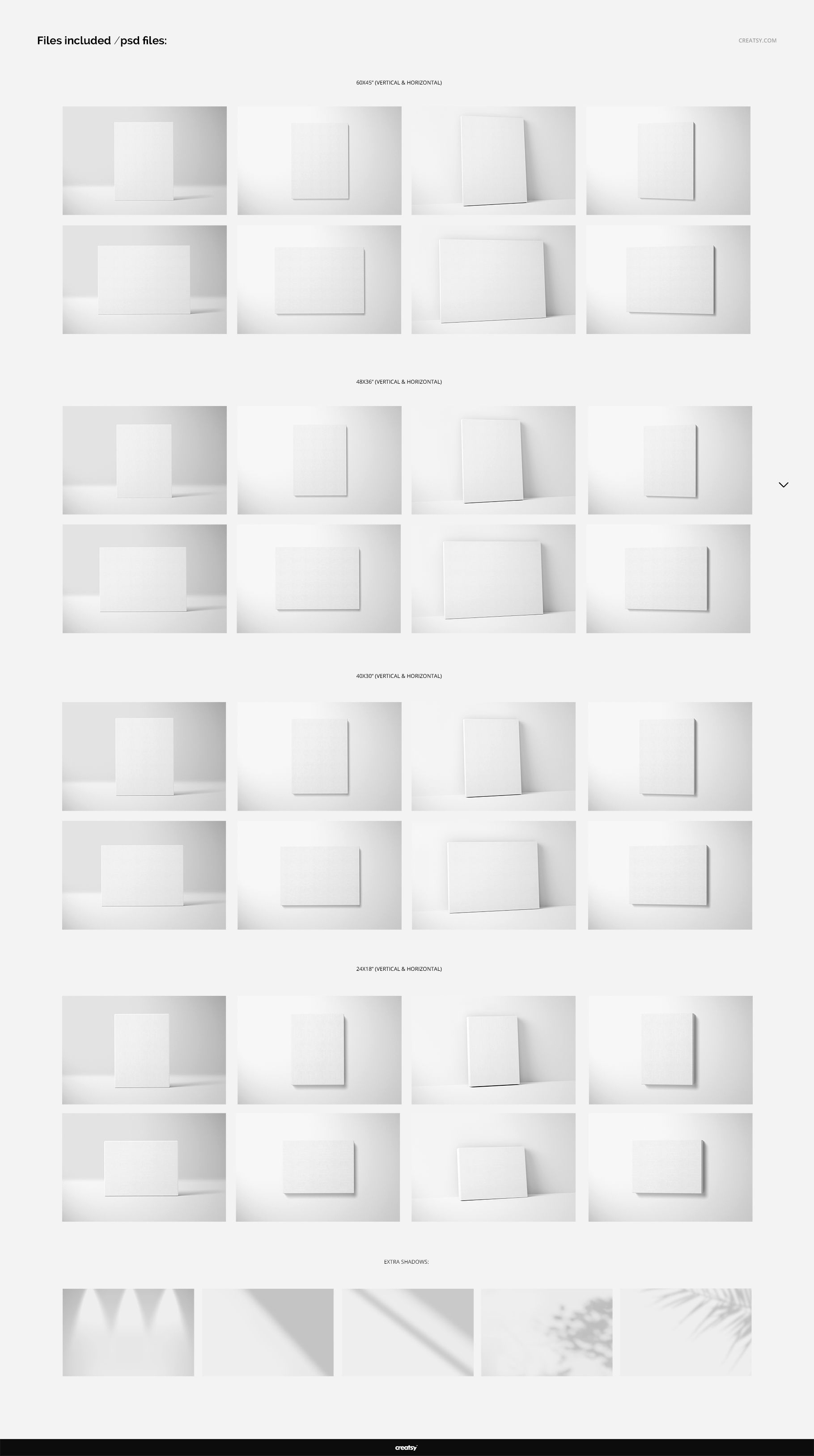 Multiple thick canvas prints in various sizes displayed as front standing, front hanging, and angled mockups on a white background.
