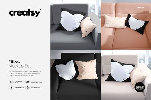 Pillow mockup set featuring two pairs of pillows in black, white, and beige tones on gray and peach sofas, viewed from above.