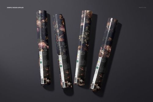 Rolled wallpaper mockup featuring a non-woven vinyl material with intricate floral designs on a dark background.