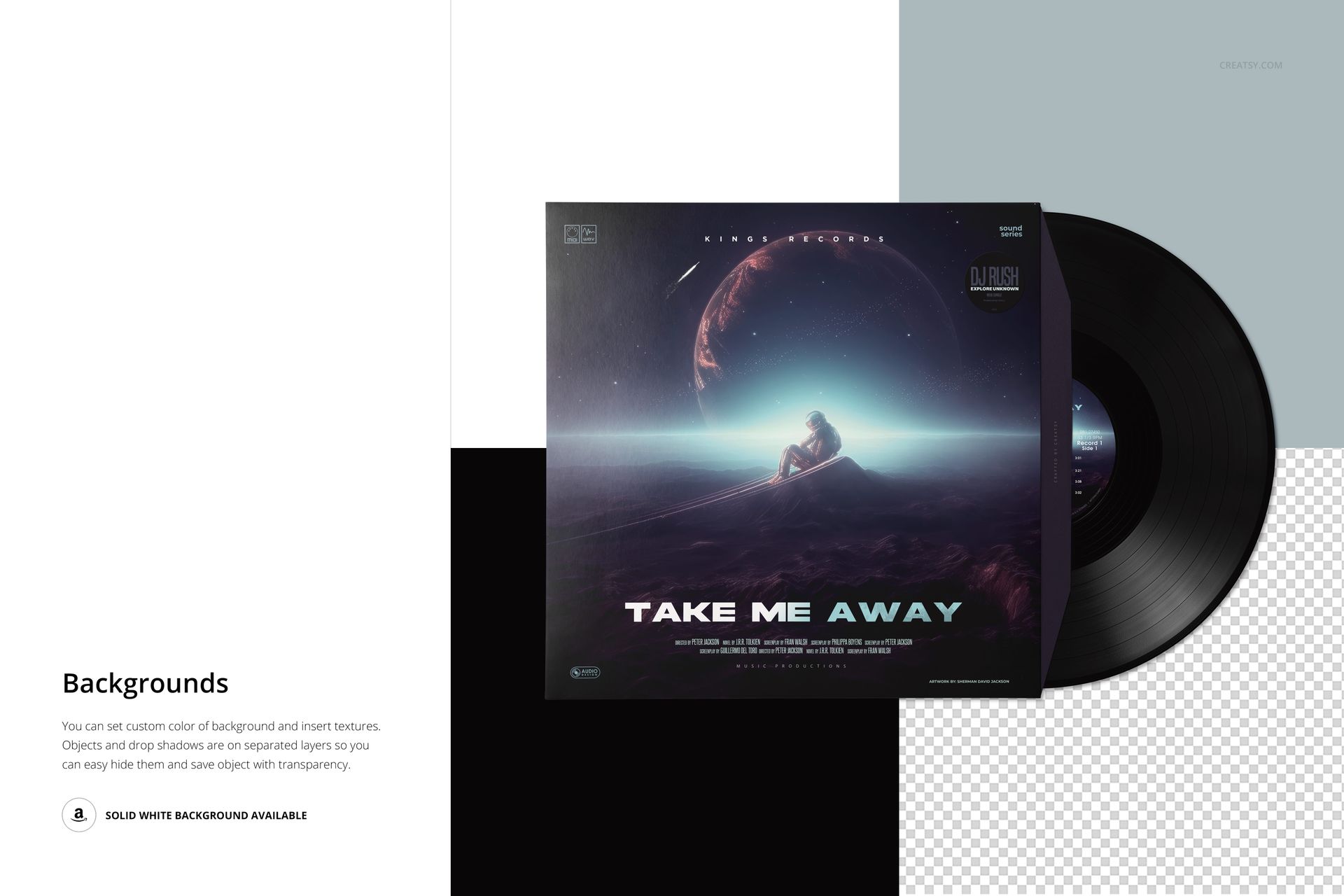 Top view of a black vinyl record partially inside a square album cover mockup with cosmic artwork and text.