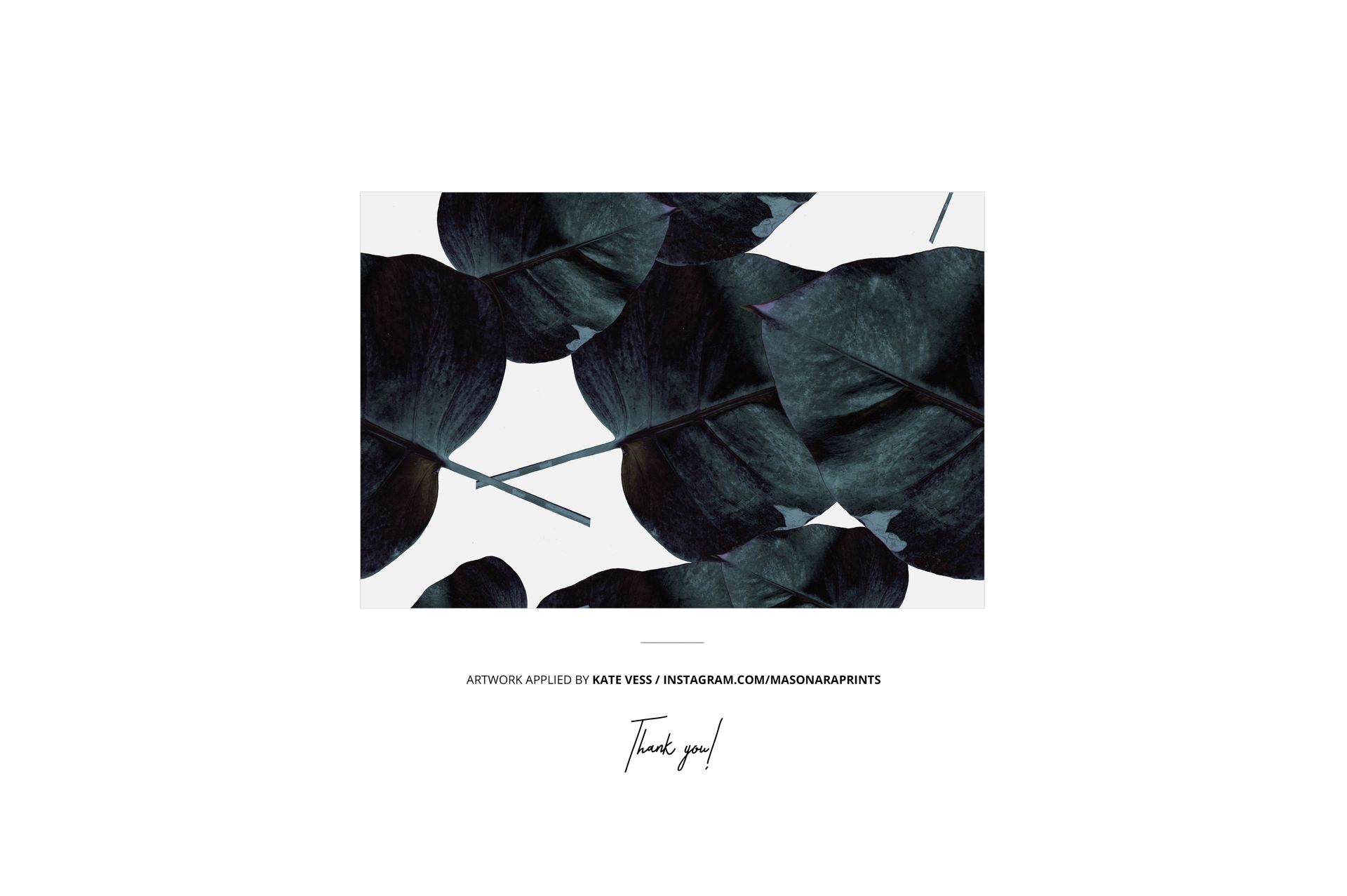 Rectangular mockup featuring a pattern of dark blue and black leaves on a white background, viewed from above.