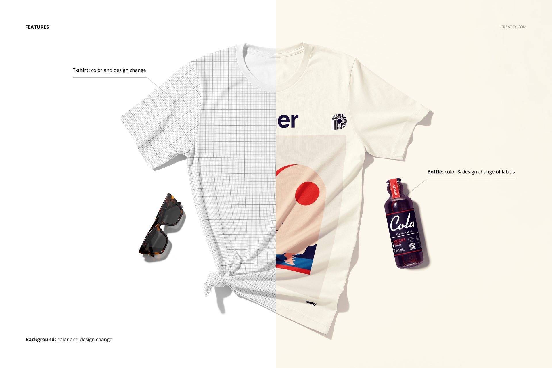 Front view of a tied white t-shirt mockup with graphic design, split between grid and colored backgrounds, sunglasses and a cola bottle nearby.