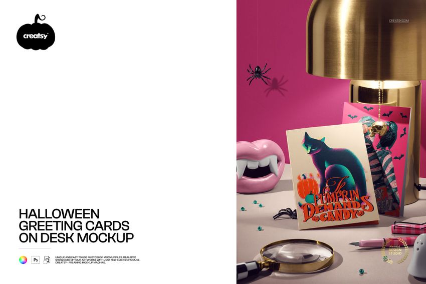 Free Halloween Greeting Card Desk Scene PSD Mockup - mockup screenshot 1