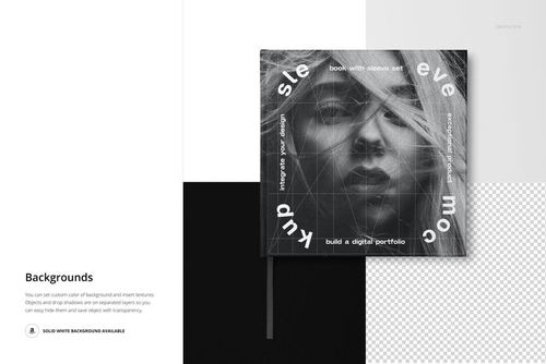 Top view of a hardcover book and sleeve mockup set on a divided background with solid and transparent sections.