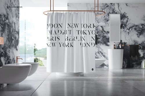 Contemporary bathroom with marble walls and floor, displaying a white curtain printed with black text mockup.